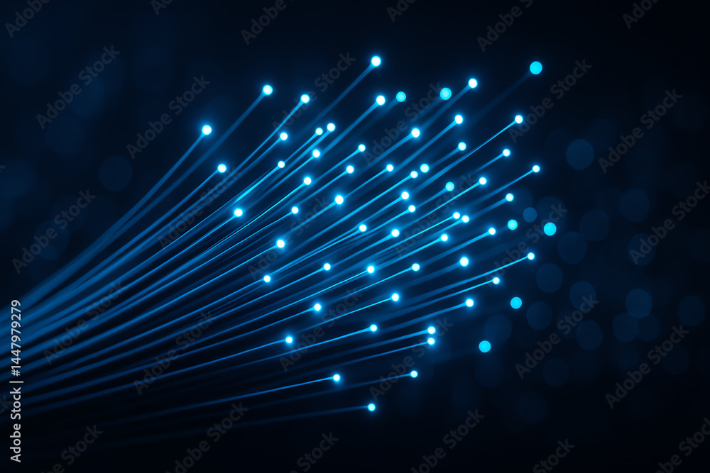 Obraz premium A visually stunning representation of fiber optic cables, showcasing glowing blue lights against a dark background, symbolizing speed, innovation, and the future of communication.