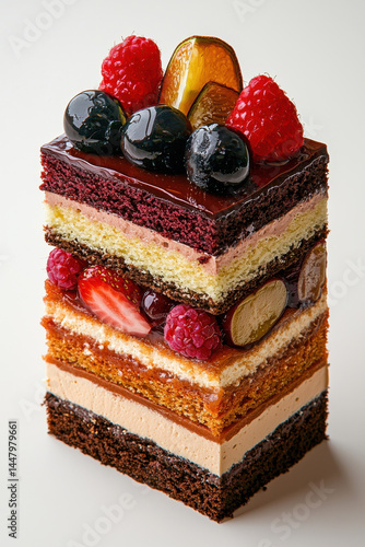 Delicious colorful opera cake with layers and fresh fruits, Isolated design on clean white background