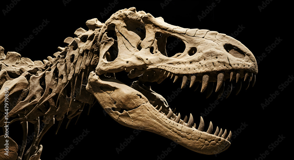 Naklejka premium Fossilized Dinosaur Skeleton Specimen Against a Black Background in a Museum Exhibit Display