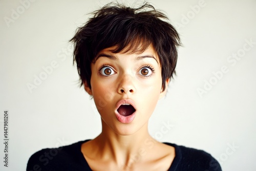 Obraz na płótnie Commercial marketing concept layout art. Lovely very shocked mixed-race girl - for ads, poster and social networks use. Short haircut - highlighted hair. Short hair trend style. Colored girl. w salonie