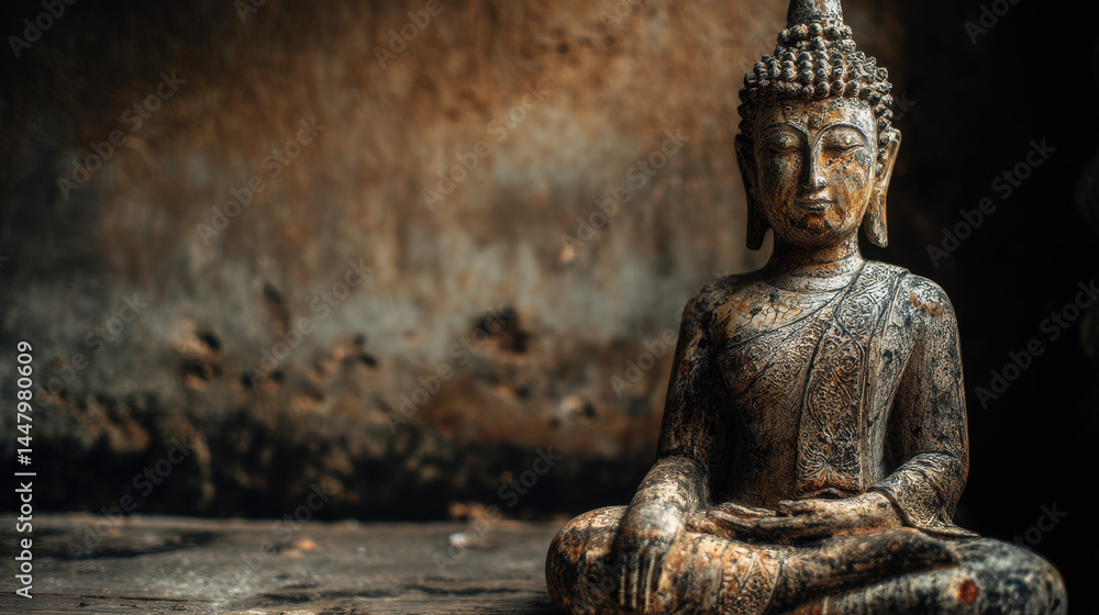 A serene stone Buddha statue sits in peaceful meditation against a textured wall creating a spiritual and calming ambiance within a tranquil space today. A serene stone Buddha statue sits in peaceful meditation against a textured wall creating a spiritual and calming ambiance within a tranquil space today.