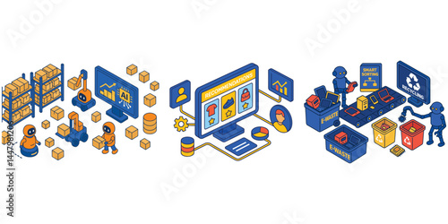 Isometric e-commerce and online shopping logistics with digital payments