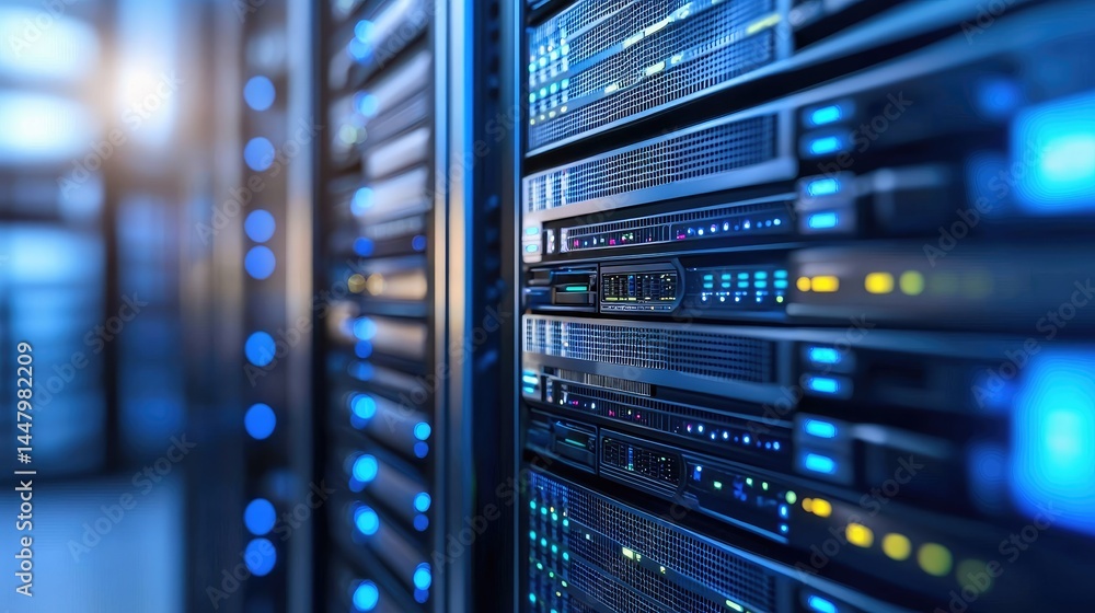 Close angle of modern server units with bokeh and warm light flares, ideal for cloud infrastructure, storage systems and IT services Close angle of modern server units with bokeh and warm light flares, ideal for cloud infrastructure, storage systems and IT services