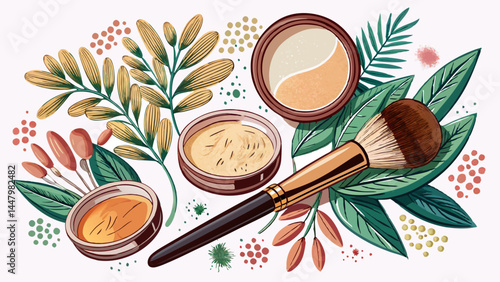Top view composition of brush and powder bliss.
Delicate beauty, refined and understated.
A clean white stage for elegance to shine.
Ideal for vector art in beauty and fashion themes.

