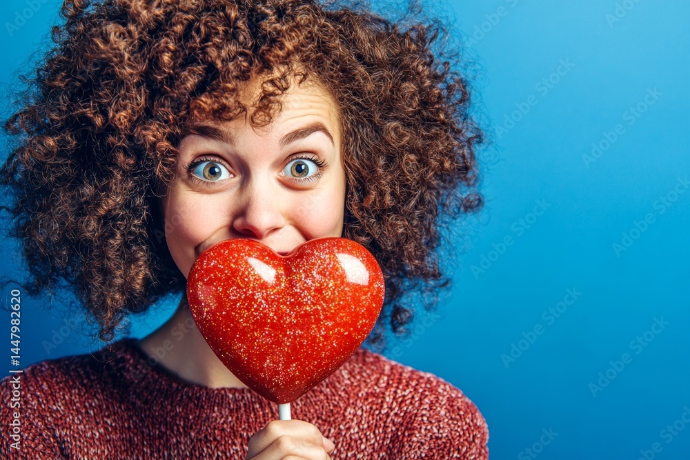 Cute Valentine's Day greeting. Professional studio snapshot, copy space. Isolated white young woman on rich dark blue background with lollipop heart in hands.
