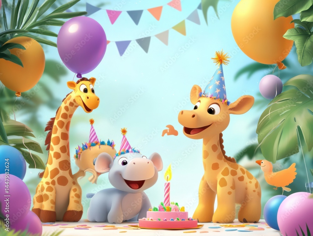 Obraz premium Smiling animal cartoon scene with birthday hats and balloons, party mood