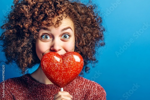 Obraz na płótnie Cute Valentine's Day greeting. Professional studio snapshot, copy space. Isolated white young woman on rich dark blue background with lollipop heart in hands. w salonie