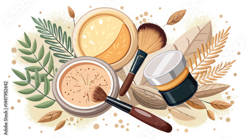 Top view composition of brush and powder bliss.
Delicate beauty, refined and understated.
A clean white stage for elegance to shine.
Ideal for vector art in beauty and fashion themes.

