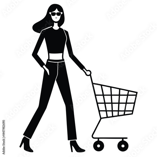 Stylish Woman Shopping with Cart Fashionable Retail Illustration