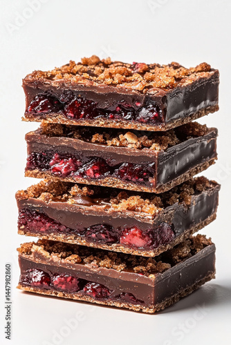 Delicious chocolate dessert with berry filling and crumb topping, Isolated design on clean white background