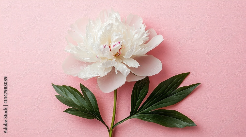 Close-up of a pure white peony flower with translucent delicate petals dotted with crystal water droplets, against a soft pale pink background with a hazy bokeh effect. Close-up of a pure white peony flower with translucent delicate petals dotted with crystal water droplets, against a soft pale pink background with a hazy bokeh effect.