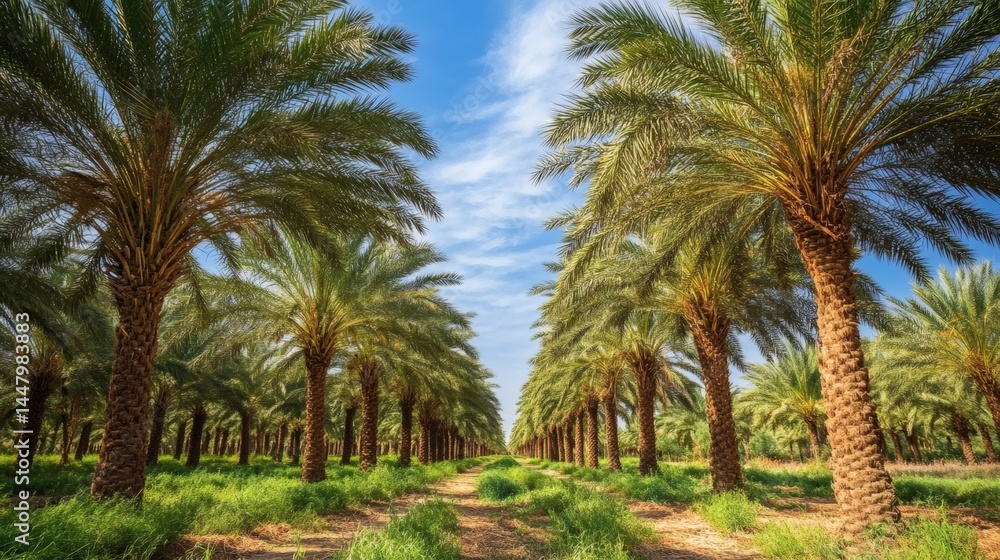 Obraz premium Palm grove pathway, sunny day, agriculture, oasis background; travel poster