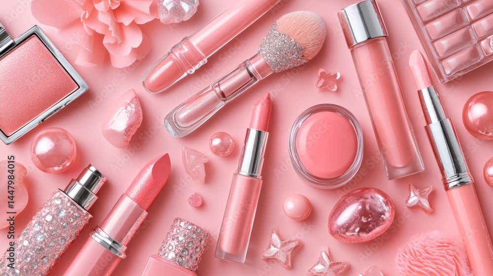 Pink cosmetics and accessories collection on a pastel backdrop. Pink cosmetics and accessories collection on a pastel backdrop.