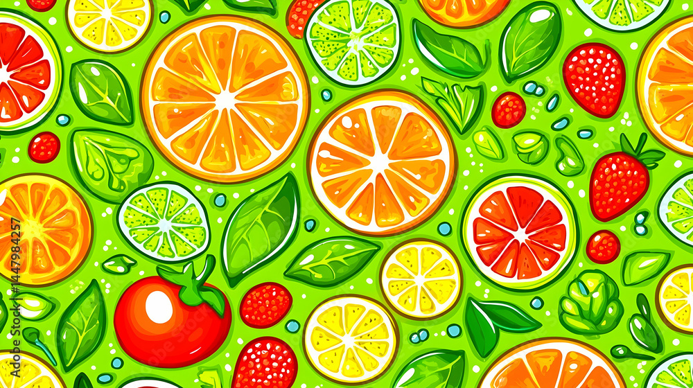 Colorful citrus fruit and berry slices pattern background for healthy food design Colorful citrus fruit and berry slices pattern background for healthy food design
