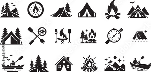 Camping, outdoor adventure icon set. Vector glyph pictograms of eco-tourism, tent, backpack, campfire, compass, kayak, hiking, travel, wilderness exploration black silhouette illustration.