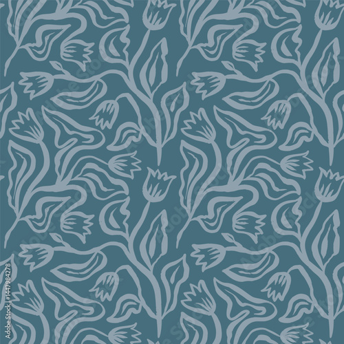 Monochrome blue brush strokes inky flowers seamless pattern. Abstract loose florals minimal background. Textured botanical minimalist wallpaper