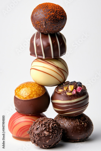 Delicious chocolate truffles stacked in colorful display, Isolated design on clean white background