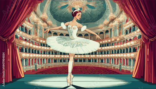A ballerina trains ballet in a theater hall color vector illustration. EPS.