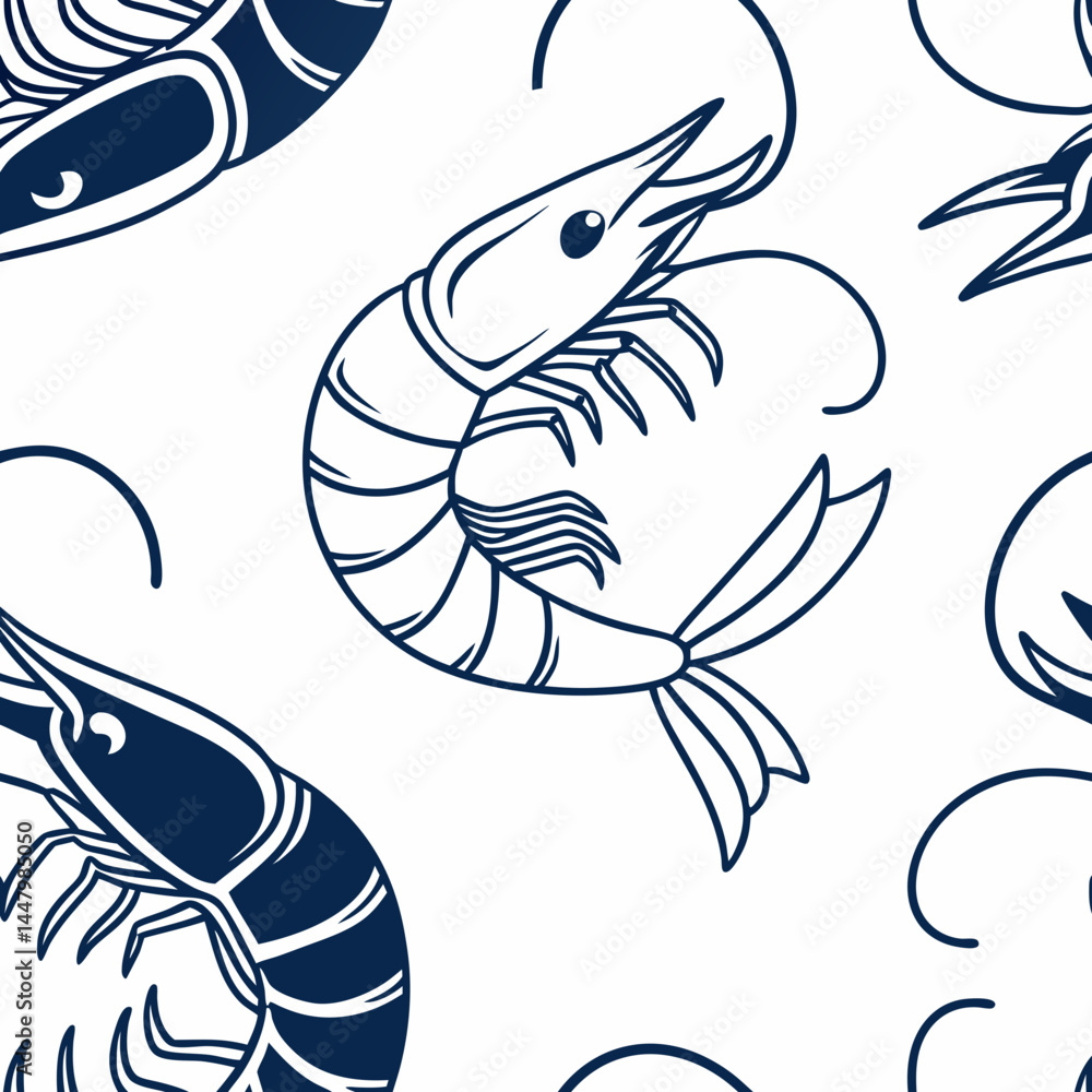 Naklejka premium Prawn Pattern Vector with Blue and White Background Design