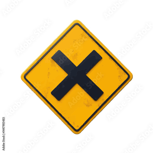 Crossroad symbol representing intersection safety in a vibrant yellow and black design