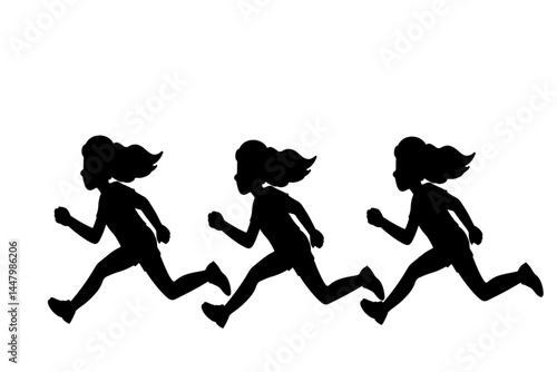 racing girls are running, sports, competes with friends silhouette