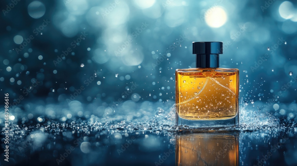 Elegant perfume bottle surrounded by droplets on a smooth surface with a vibrant blue bokeh background Elegant perfume bottle surrounded by droplets on a smooth surface with a vibrant blue bokeh background