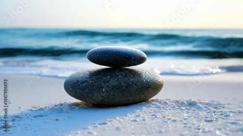 Polished stones stacked balanced on white beach sand at high tide, sparkling ocean background, rim light, zoom in video. Concept of natural harmony