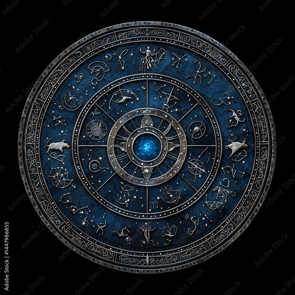 Obraz premium Intricate Circular Metallic Emblem with Glowing Blue Gem