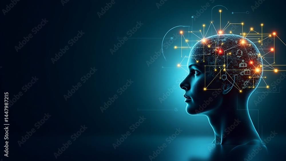Futuristic abstract illustration of a digital human head with neural networks, tech icons, and data streams on a blue gradient background. Futuristic abstract illustration of a digital human head with neural networks, tech icons, and data streams on a blue gradient background.