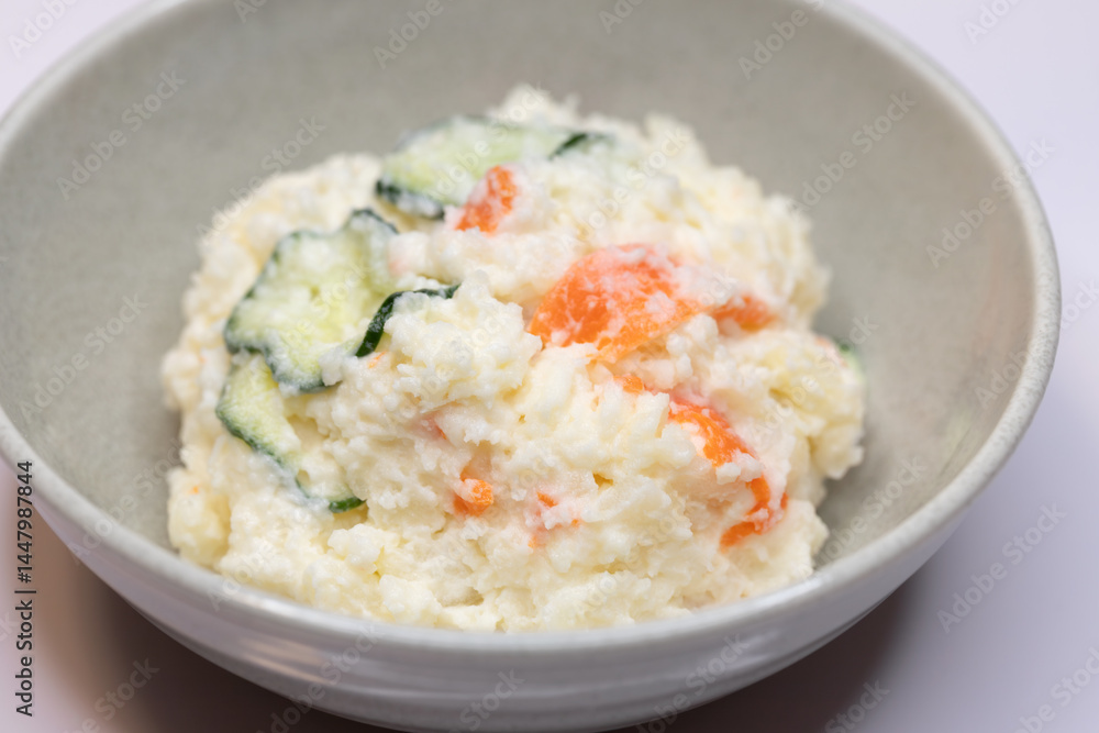 Close-up of Japanese potato salad with cucumber and carrot Close-up of Japanese potato salad with cucumber and carrot