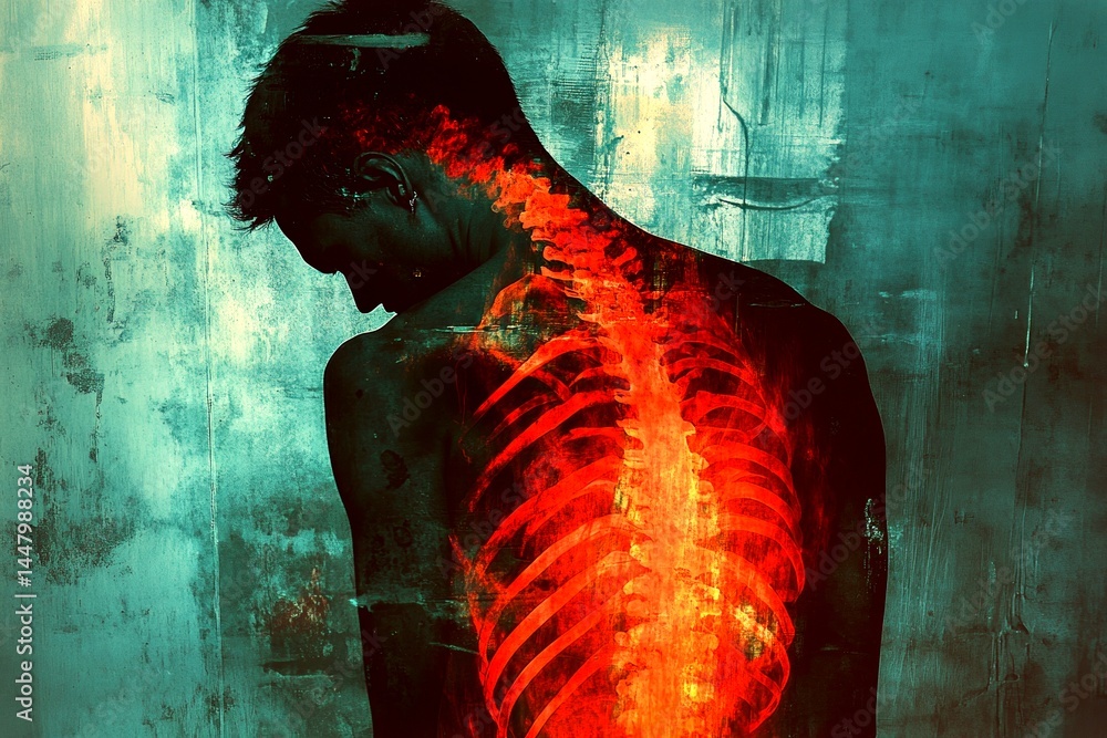 Metaphorical upper back pain perceptions of a sickness and suffering. Unbearable discomfort. Pain of disorder - upper back pain: abstract image of physical state. Emotional wounds. Feeling.