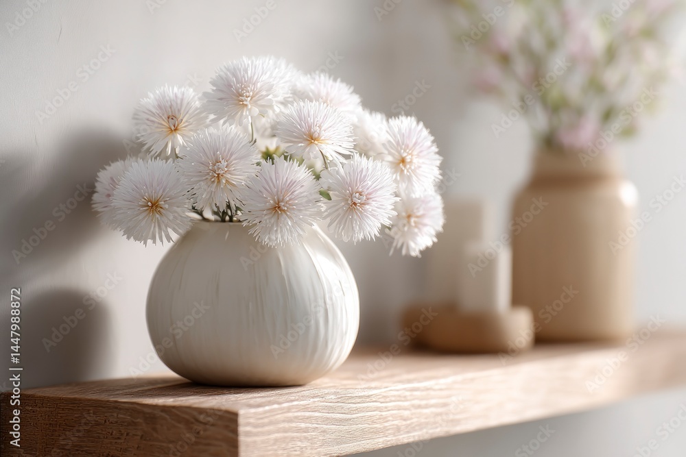 Display of White Flowers in a Modern Vase on a Wooden Shelf