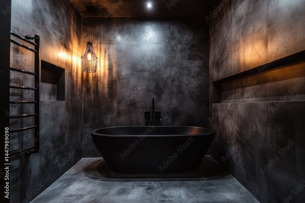 Serene dark bathroom interior with black bathtub pendant light and stone walls creating a luxurious spa atmosphere in a modern design with warm light and elegant style Serene dark bathroom interior with black bathtub pendant light and stone walls creating a luxurious spa atmosphere in a modern design with warm light and elegant style