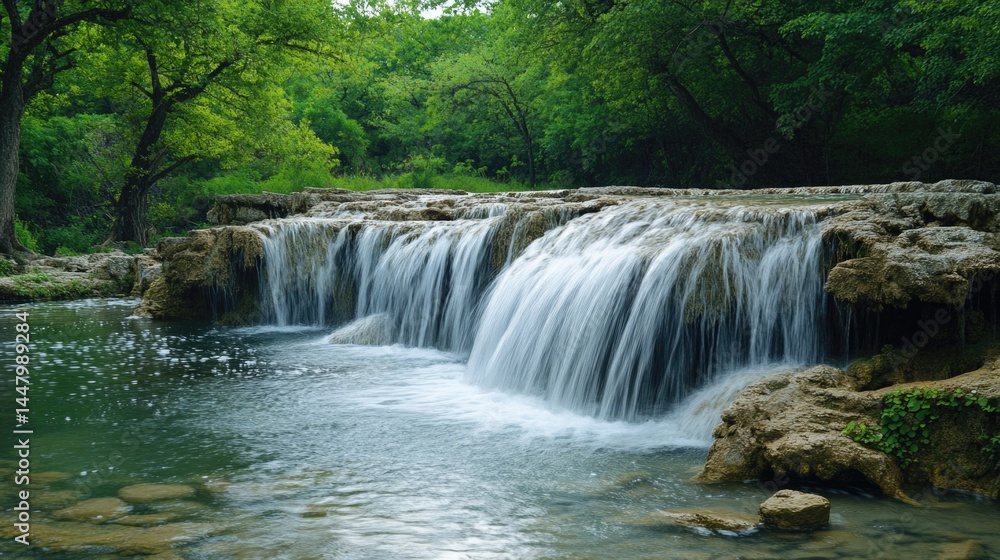 Waterfall cascading over rocky terrain into a serene pool surrounded by lush greenery on a clear day Waterfall cascading over rocky terrain into a serene pool surrounded by lush greenery on a clear day