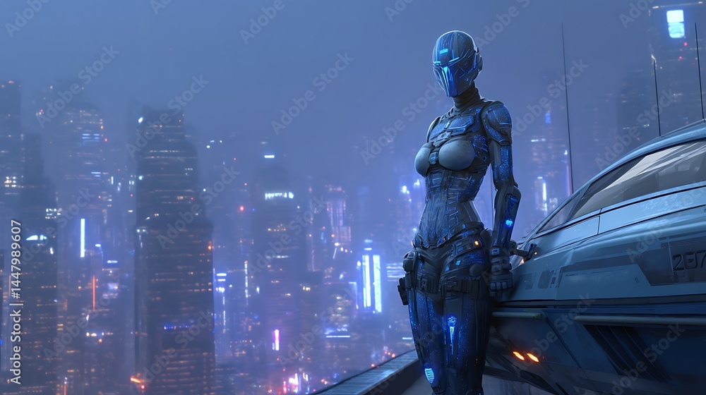 Futuristic Cityscape Woman Robot Cyberpunk Neon Lights Vehicle Futuristic Cityscape Woman Robot Cyberpunk Neon Lights Vehicle