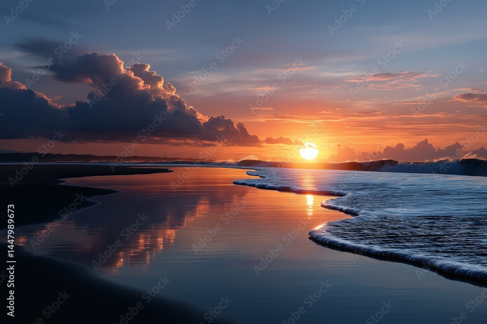 Obraz premium Sunset reflections over shallow ocean waters beach view nature photography