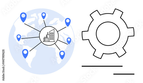 World map with blue location markers linking to a factory icon, next to a cogwheel suggesting processes. Ideal for logistics, technology, efficiency, collaboration, global business, process flow
