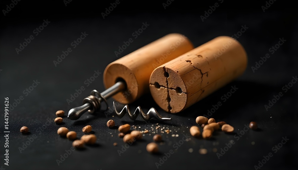 Close up view of wooden cork and corkscrew isolated on black Close up view of wooden cork and corkscrew isolated on black