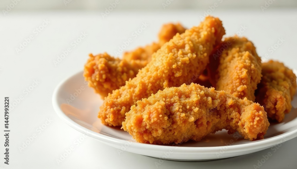 Close-up of crispy fried chicken strips on white , restaurant, fried Close-up of crispy fried chicken strips on white , restaurant, fried