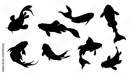 set of koi fish silhouette vector on tranparent background