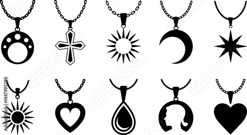 Set of necklace pendants featuring celestial cross heart and silhouette designs