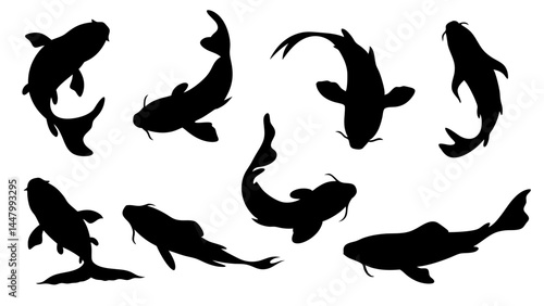 set of koi fish silhouette vector on tranparent background