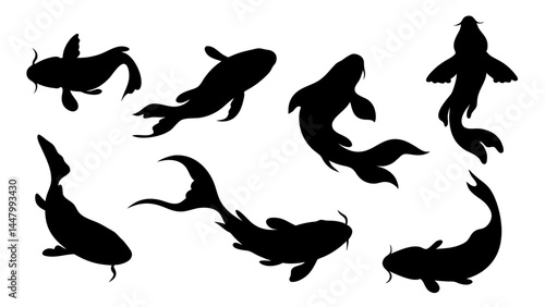 set of koi fish silhouette vector on tranparent background
