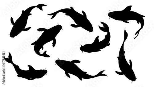 set of koi fish silhouette vector on tranparent background