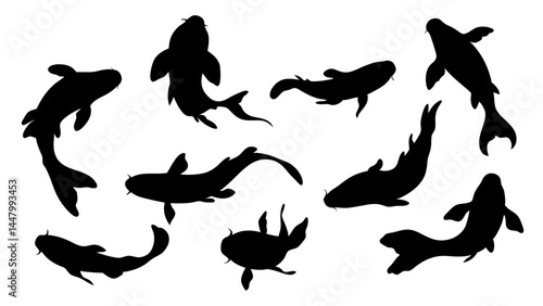 set of koi fish silhouette vector on tranparent background