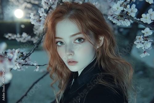Obraz na płótnie Pretty caucasian young woman surrounded by cherry blossoms. Commercial advertising creative. Spring mood, dark night and warm mystic light - complementary lighting. Bright woman in floral park. w salonie