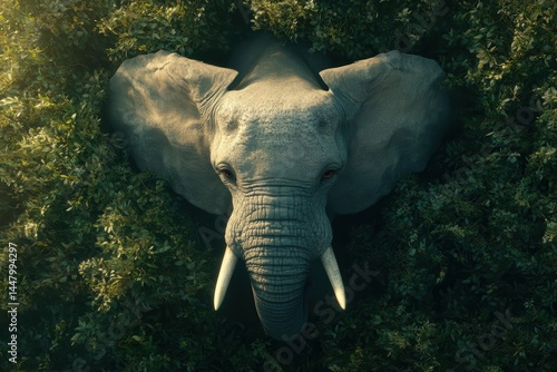 Majestic elephant gazing from verdant thicket a scene of nature tranquility wilderness wildlife conservation awareness