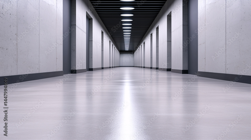 Obraz premium A long interior corridor with concrete walls and shiny floor extends to a vanishing point design.
