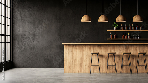 Fototapeta Naklejka Na Ścianę i Meble -  A modern bar interior with wooden counter and stools against a dark textured wall backdrop.