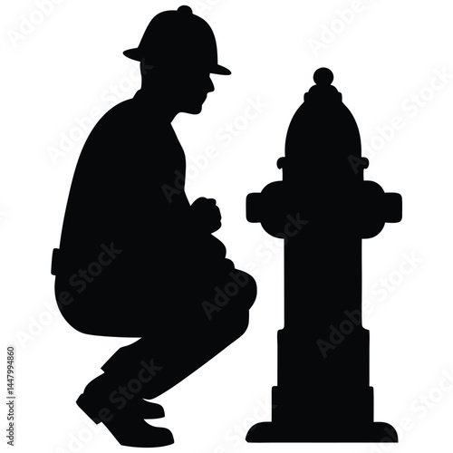 Firefighter Inspecting Hydrant Safety Silhouette